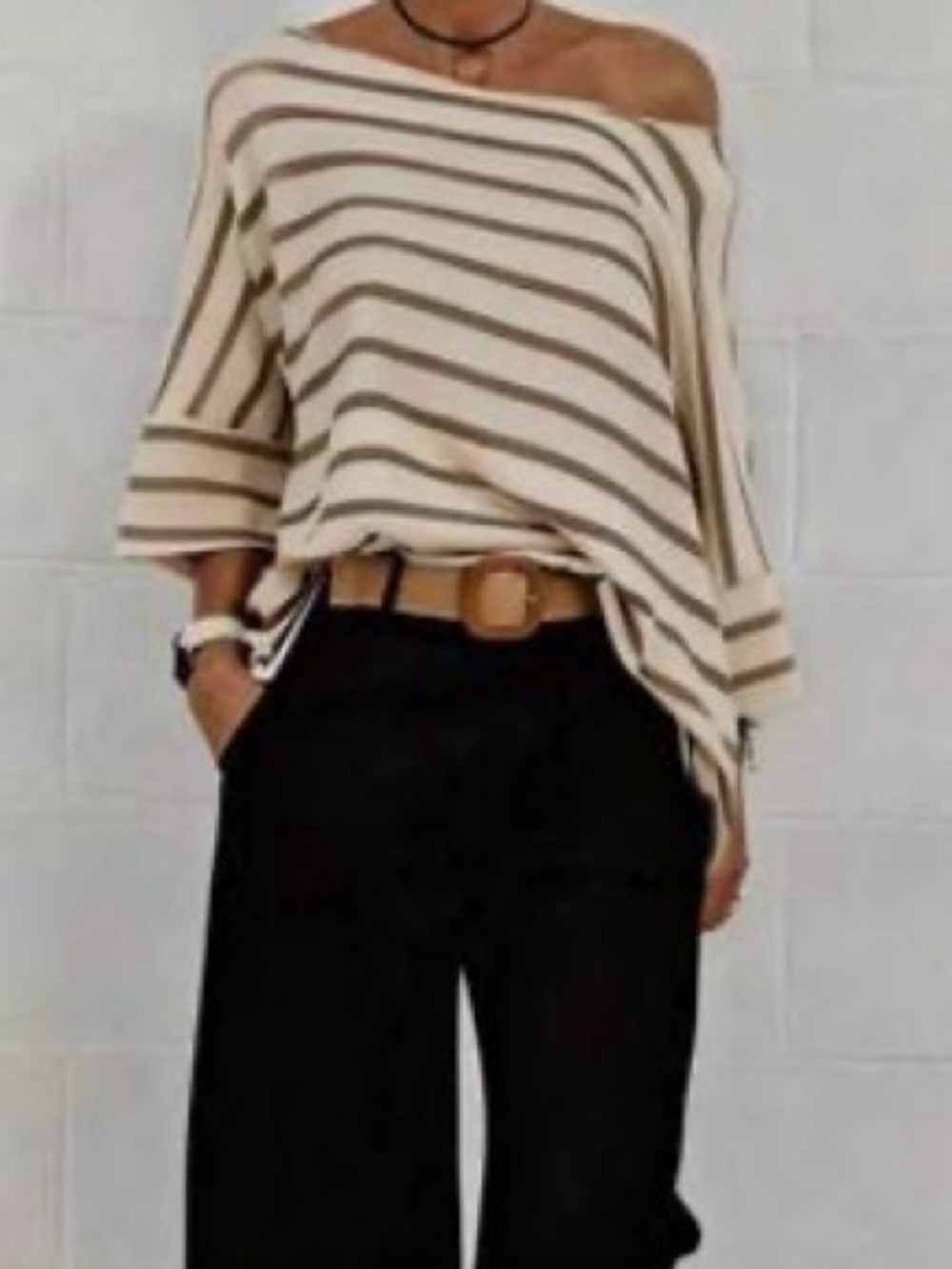 Cream with Brown Striped Oversized knit top